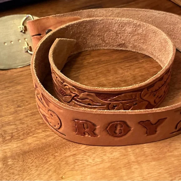Vintage Tooled Leather Belt - Gold Black & Abalone Buckle- “Roy” 35-39” - Picture 8 of 9